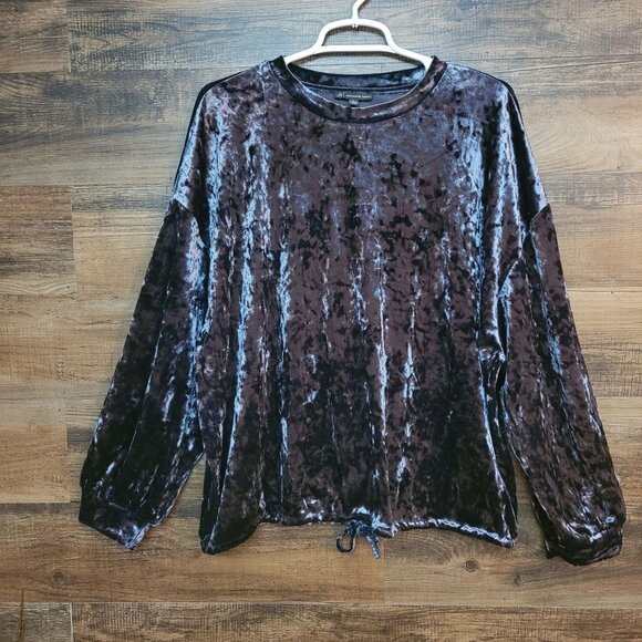 Adrianna Papell Tops - Adrianna Papell Crushed Velvet Top L Puff Sleeve Tie Wash Smokey Blue Shimmer